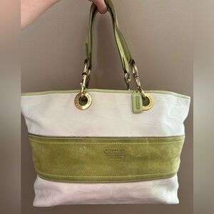Coach Vintage Signature Tote Bag with Suede and Leather Trim -Ecru and Lime
